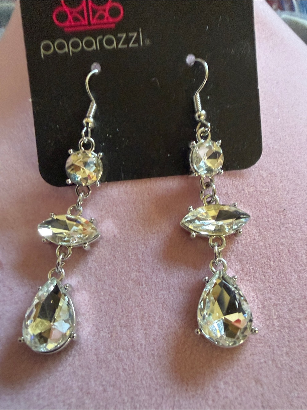 paparazzi Silver Tone, Crystal Teardrop & Marquise Earrings, 2” Drop (J0295)